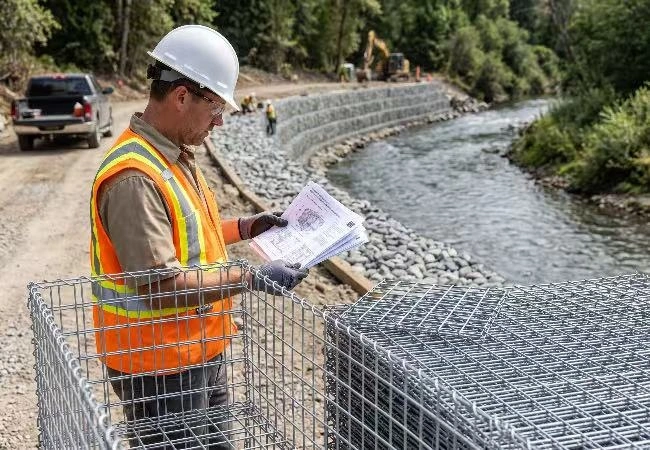 Contractor reviewing gabion specifications on river bank